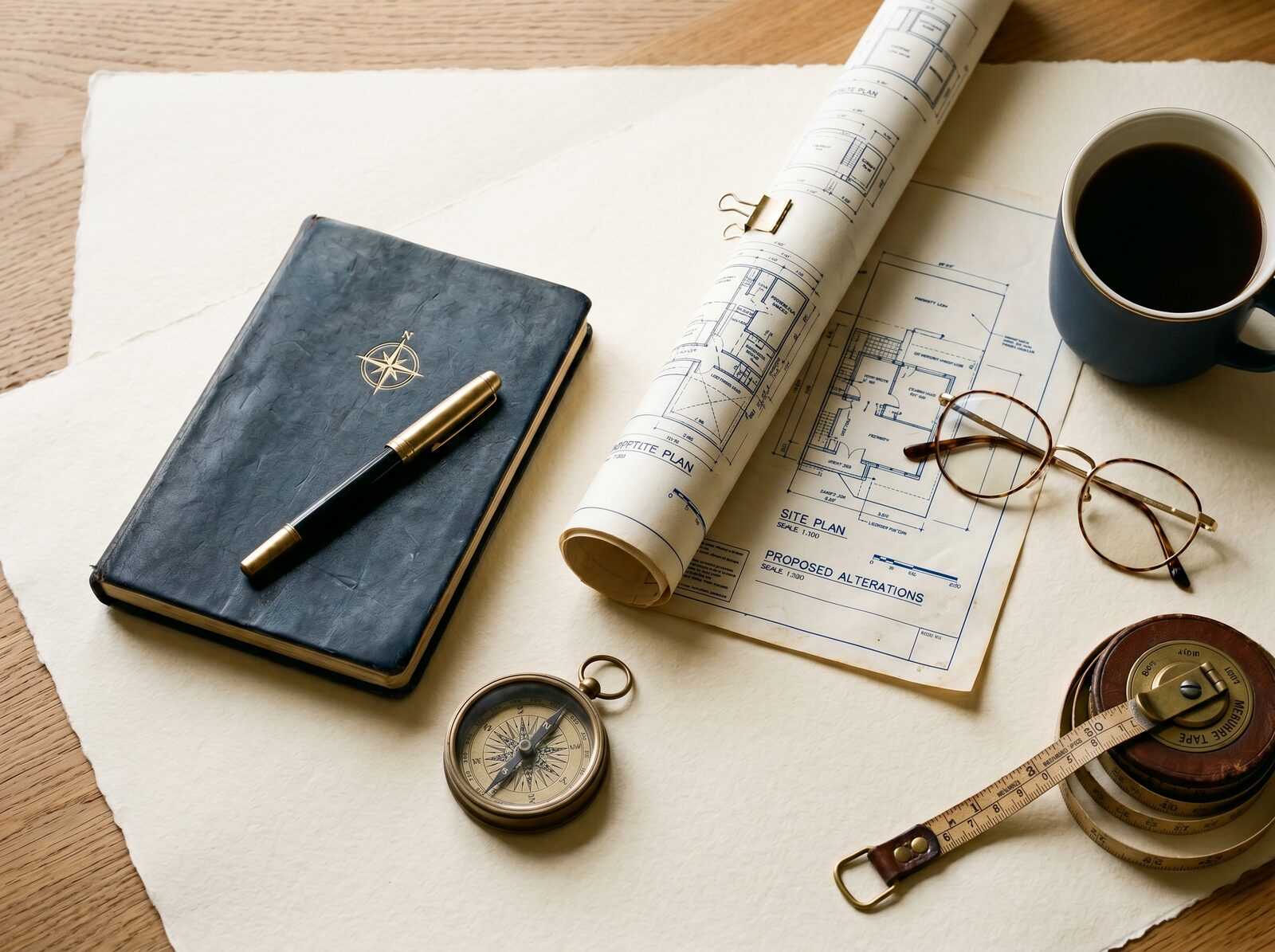Chartered surveyor's desk with leather notebook, compass, architectural blueprints and measurement tape